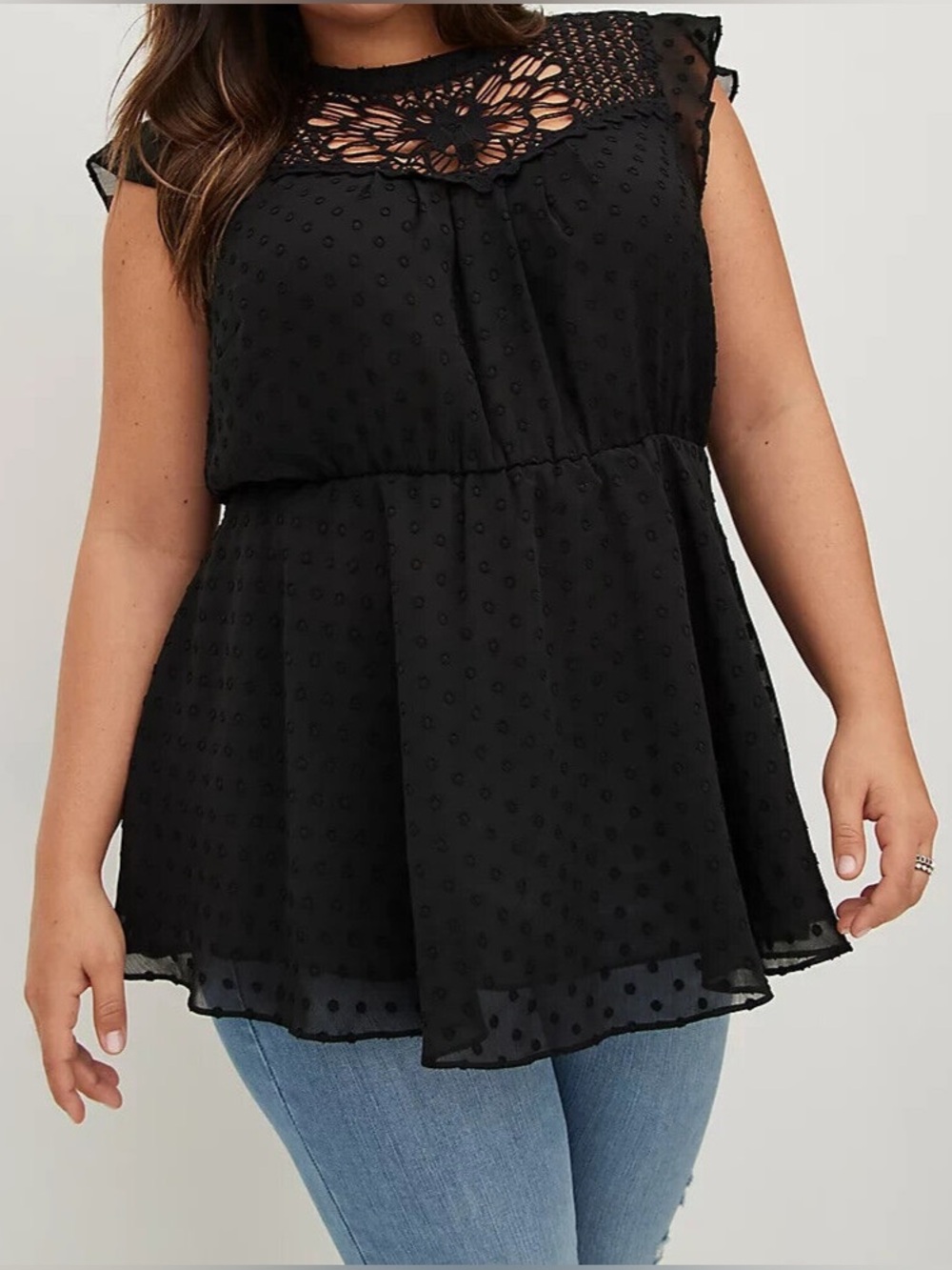 Torrid Peplum Chiffon Clip Dot Crochet Trim Top
